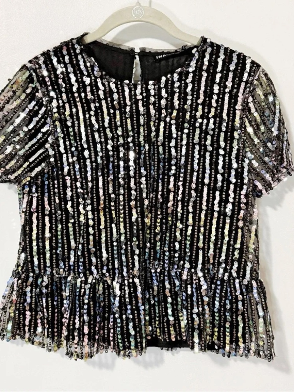 NWT INA [i:n.a] Black Iridescent Sequin Peplum Top S
